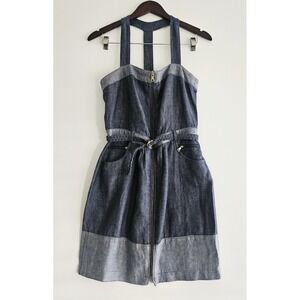 Cynthia‎ Steffe 100% Linen Zip-Front Denim Look Sheath Dress Size 6 Blue